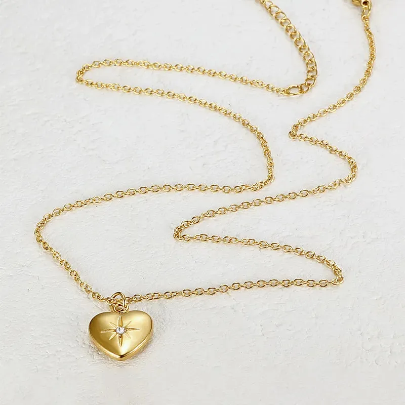 18K Gold Plated Stainless Steel Charm Zircon Heart Pendant Chain Necklace