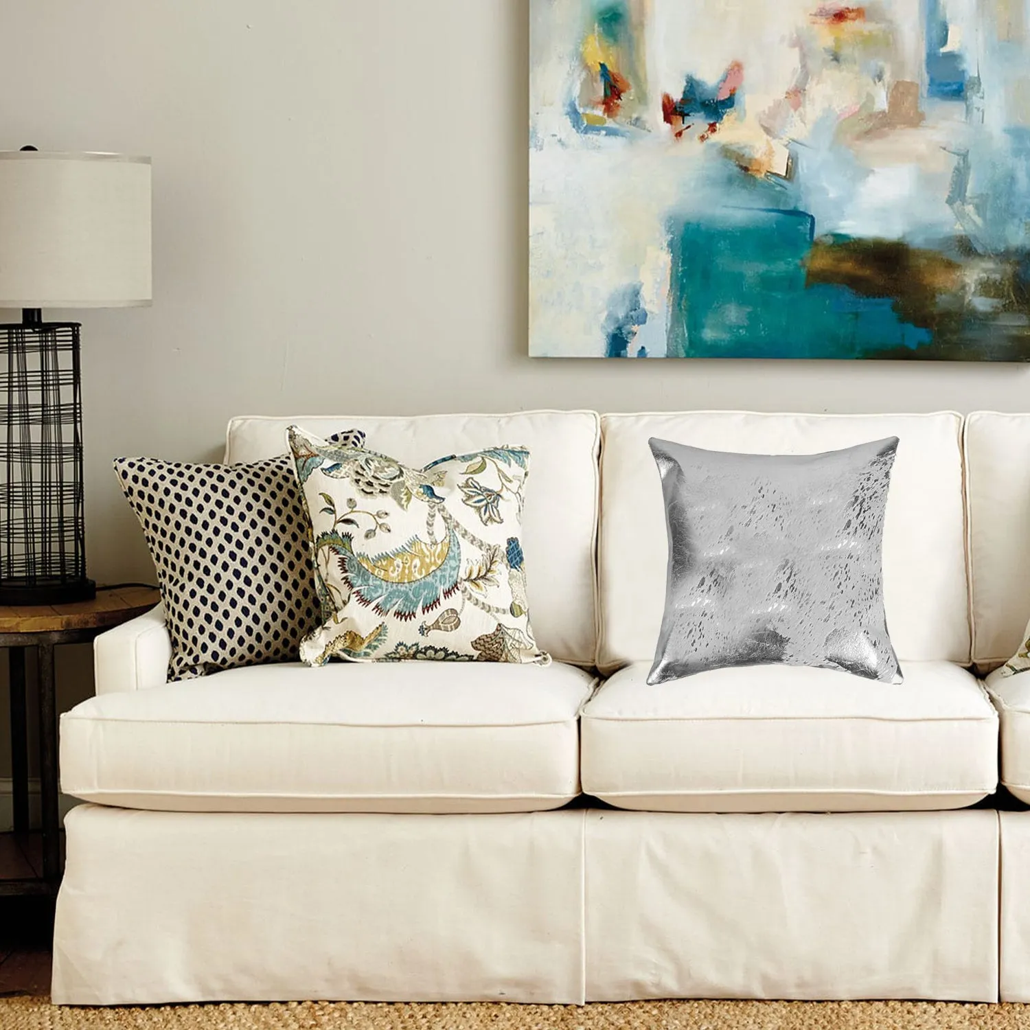 18" x 18" x 5" Gray And Silver Cowhide Pillow