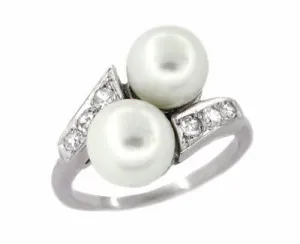 1950's Retro Pearl and Diamond Vintage Bypass Ring in 14 Karat White Gold