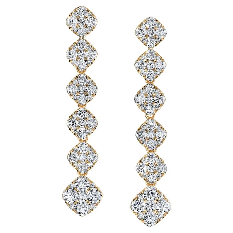 2.49 Carat Total Diamond Pave 18K Yellow Gold Dangle Earrings