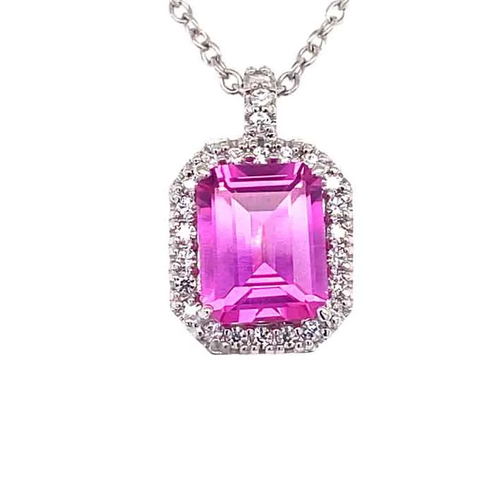 4.39 CTW DEW Pink Emerald-Cut Lab Created Sapphire & Moissanite Halo Pendant in 14K White Gold