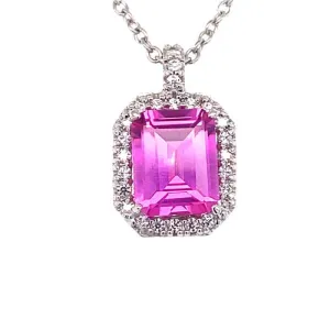 4.39 CTW DEW Pink Emerald-Cut Lab Created Sapphire & Moissanite Halo Pendant in 14K White Gold