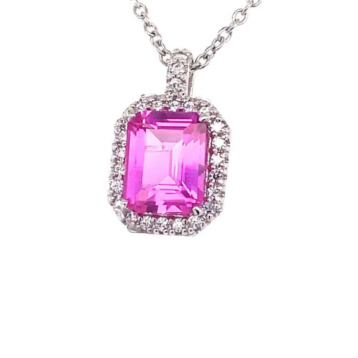 4.39 CTW DEW Pink Emerald-Cut Lab Created Sapphire & Moissanite Halo Pendant in 14K White Gold