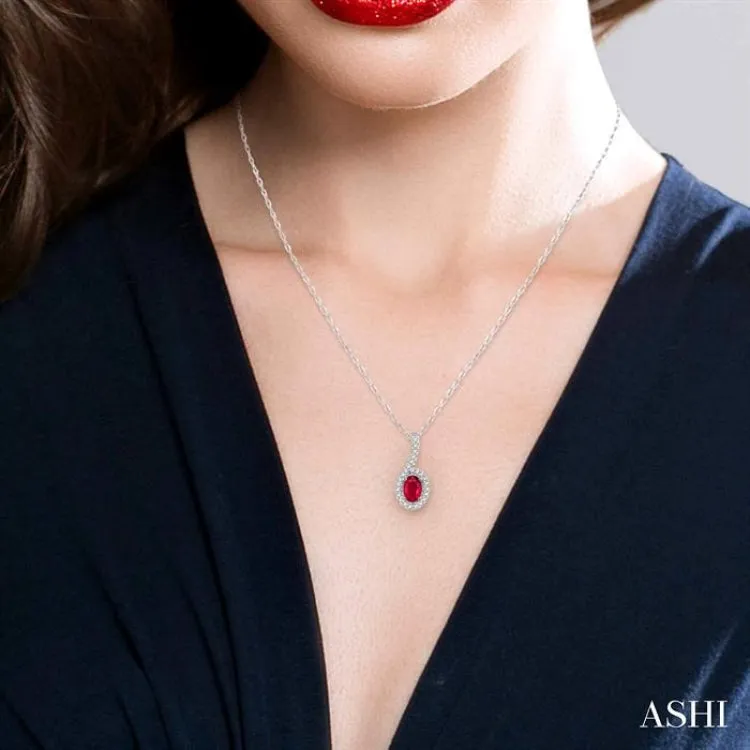 6x4 MM Oval Shape Ruby and 1/8 ctw Round Cut Diamond Precious Pendant in 10K White Gold