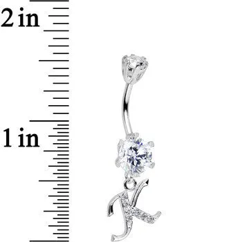 925 Sterling Silver Clear CZ Ornate Script Initial K Dangle Belly Ring