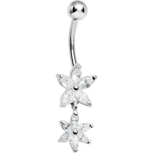 925 Sterling Silver Cubic Zirconia Dual Lily Dangle Belly Ring