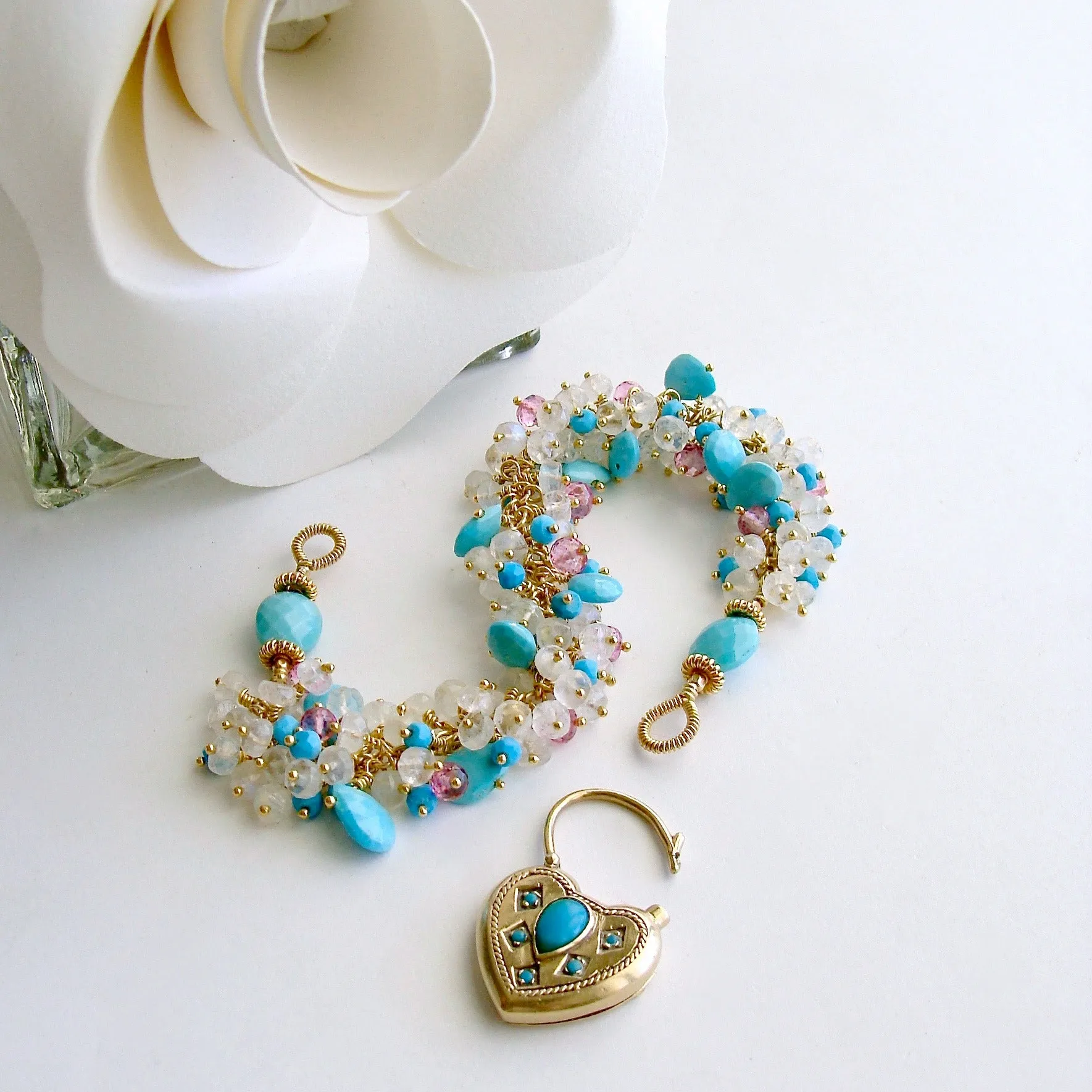 9K Gold Victorian Heart Mourning Locket Turquoise Pink Topaz Moonstone Bracelet - Cameron Bracelet