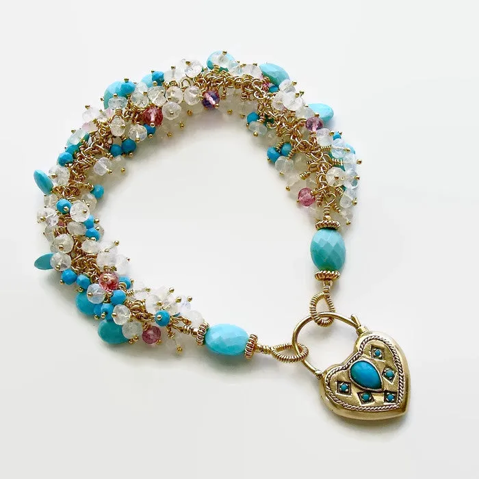 9K Gold Victorian Heart Mourning Locket Turquoise Pink Topaz Moonstone Bracelet - Cameron Bracelet