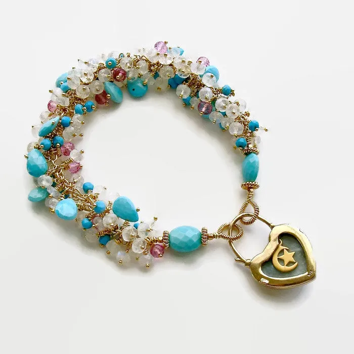 9K Gold Victorian Heart Mourning Locket Turquoise Pink Topaz Moonstone Bracelet - Cameron Bracelet