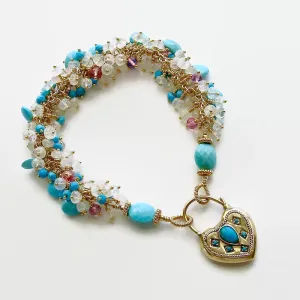 9K Gold Victorian Heart Mourning Locket Turquoise Pink Topaz Moonstone Bracelet - Cameron Bracelet