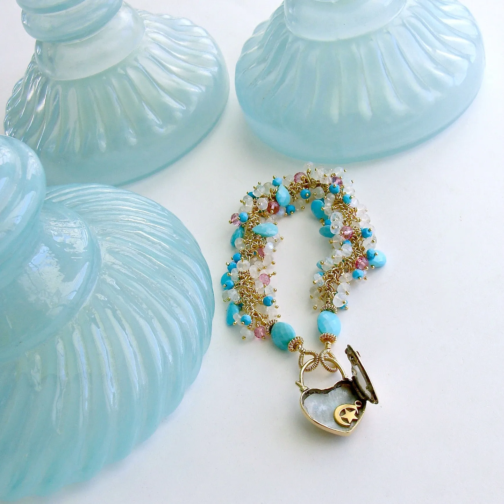 9K Gold Victorian Heart Mourning Locket Turquoise Pink Topaz Moonstone Bracelet - Cameron Bracelet