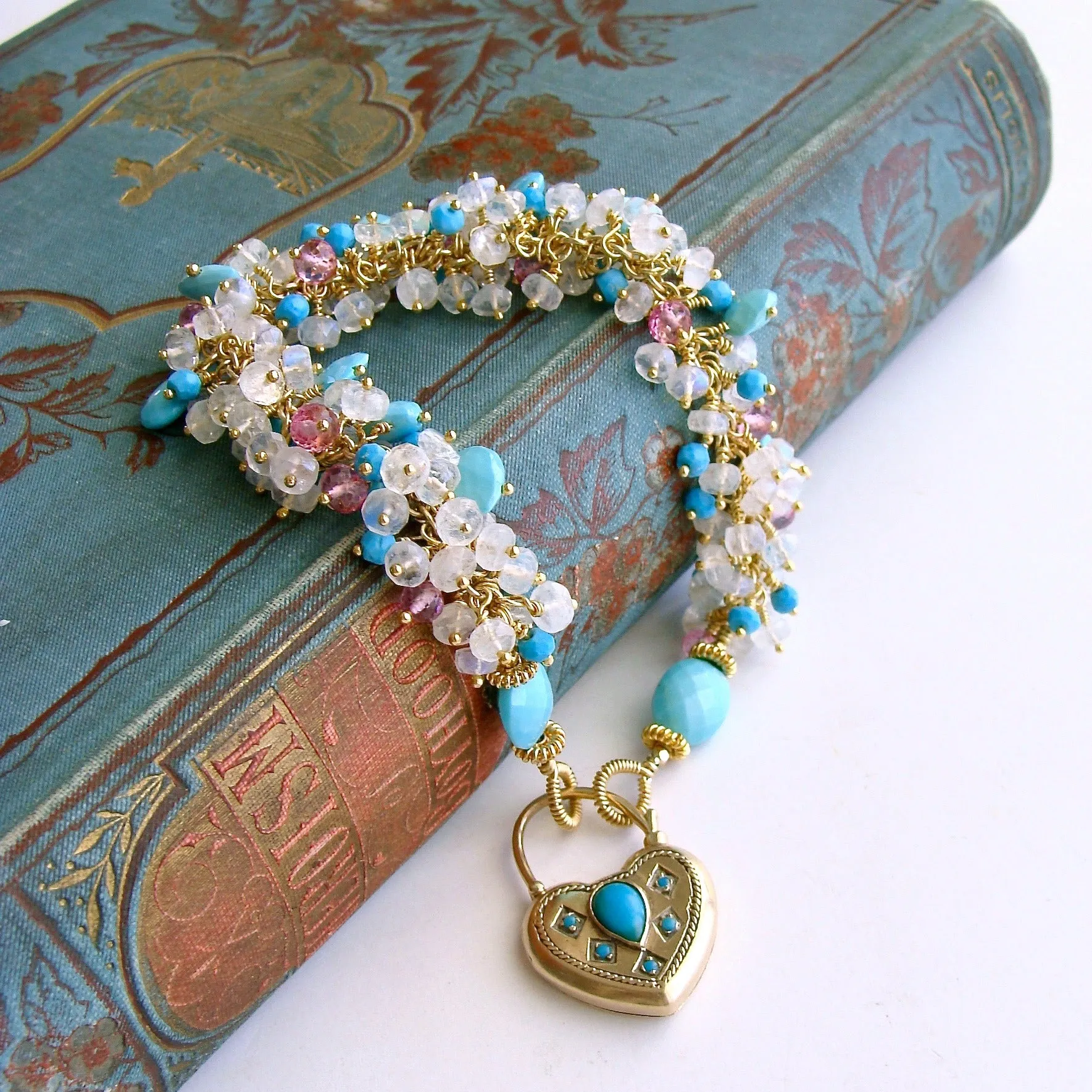 9K Gold Victorian Heart Mourning Locket Turquoise Pink Topaz Moonstone Bracelet - Cameron Bracelet