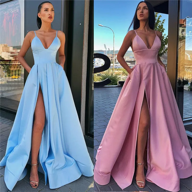 A Line Satin V Neck Burgundy 2025 Prom Dresses Spaghetti Straps