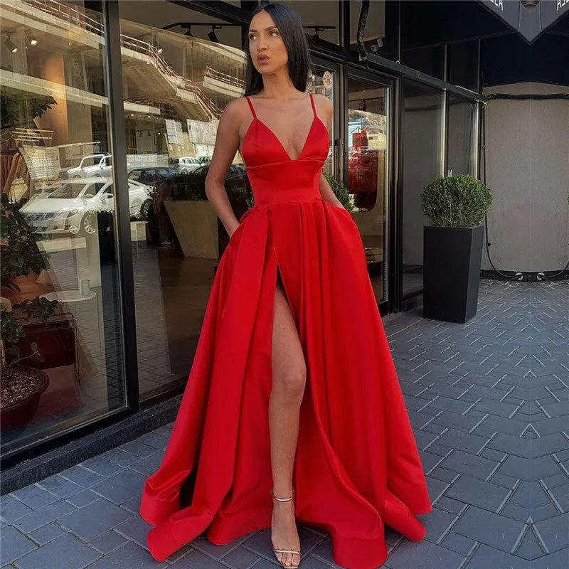 A Line Satin V Neck Burgundy 2025 Prom Dresses Spaghetti Straps