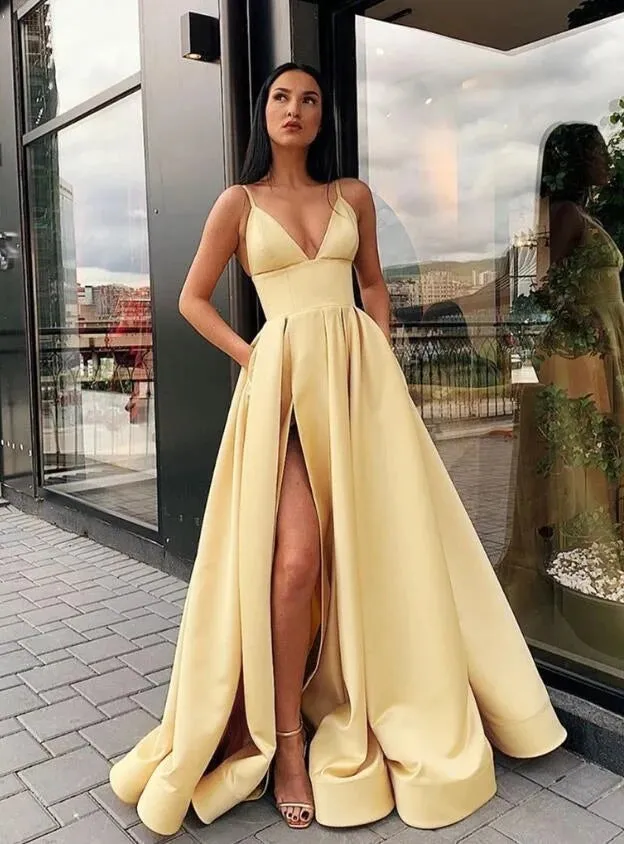 A Line Satin V Neck Burgundy 2025 Prom Dresses Spaghetti Straps