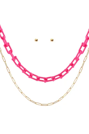ACETATE METAL LINK LAYERED NECKLACE AND EARRING SET
