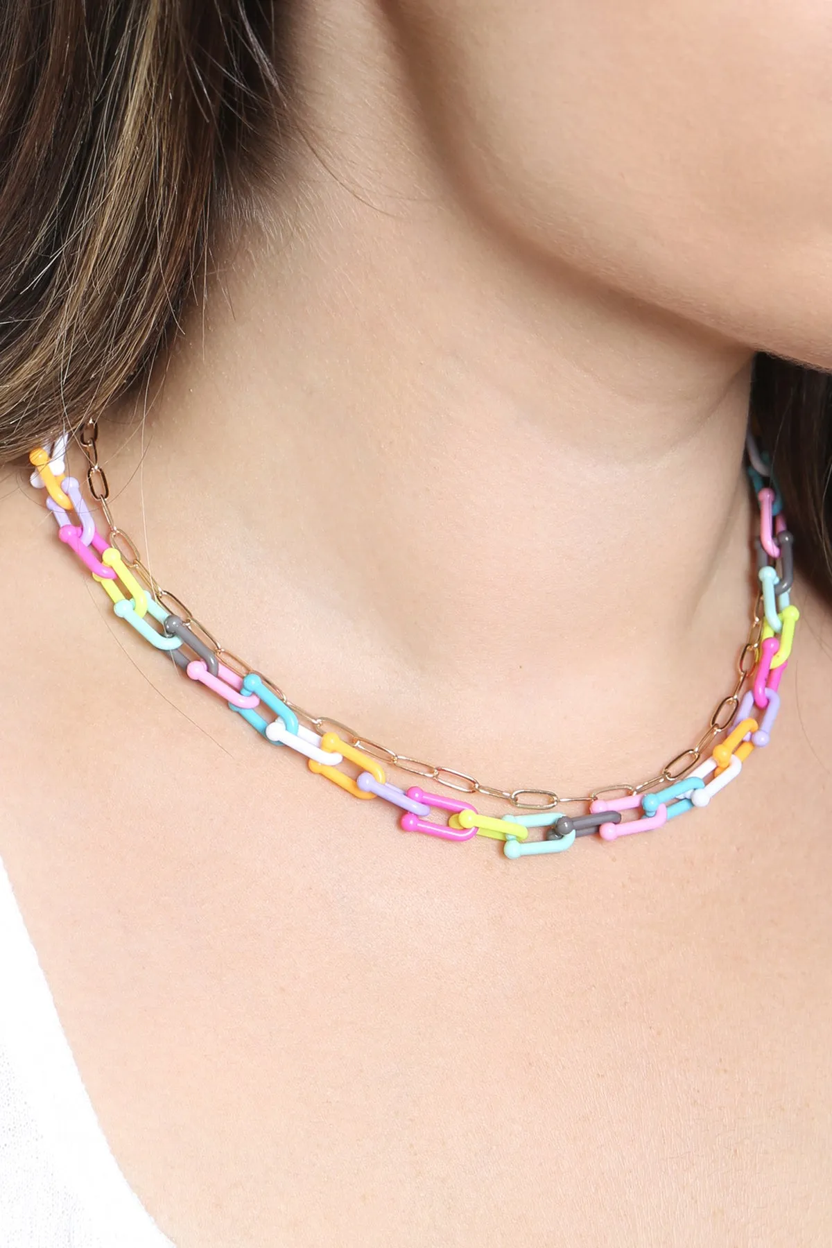 ACETATE METAL LINK LAYERED NECKLACE AND EARRING SET