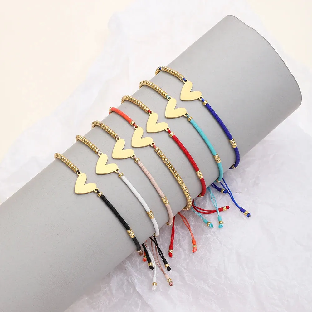 Adjustable Dainty Beaded Flat Heart Bracelet