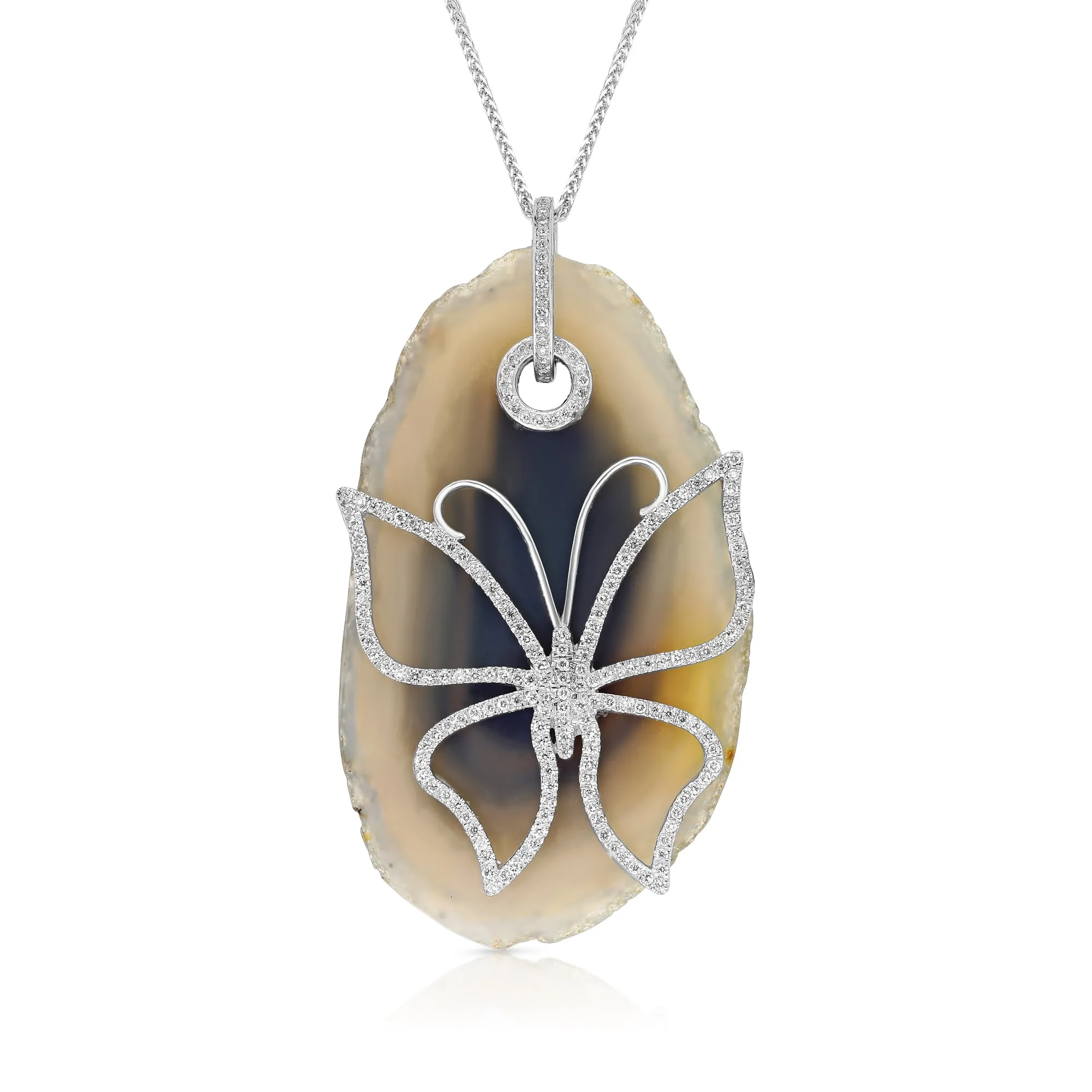 Agate Stone and Diamond Butterfly Pendant
