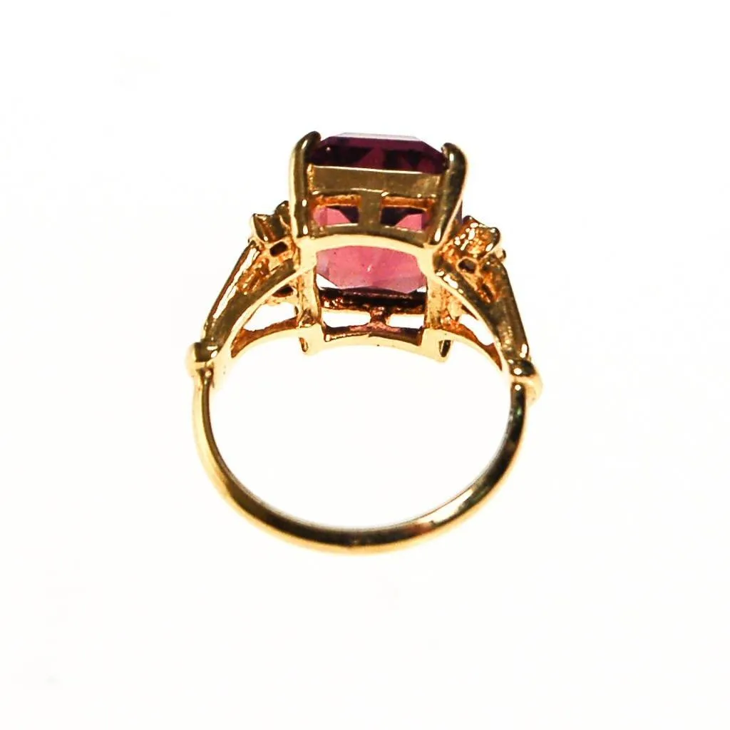 Amethyst CZ Cocktail Statement Ring, Emerald Cut, Gold Plated, CZ Accent Stones
