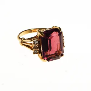 Amethyst CZ Cocktail Statement Ring, Emerald Cut, Gold Plated, CZ Accent Stones