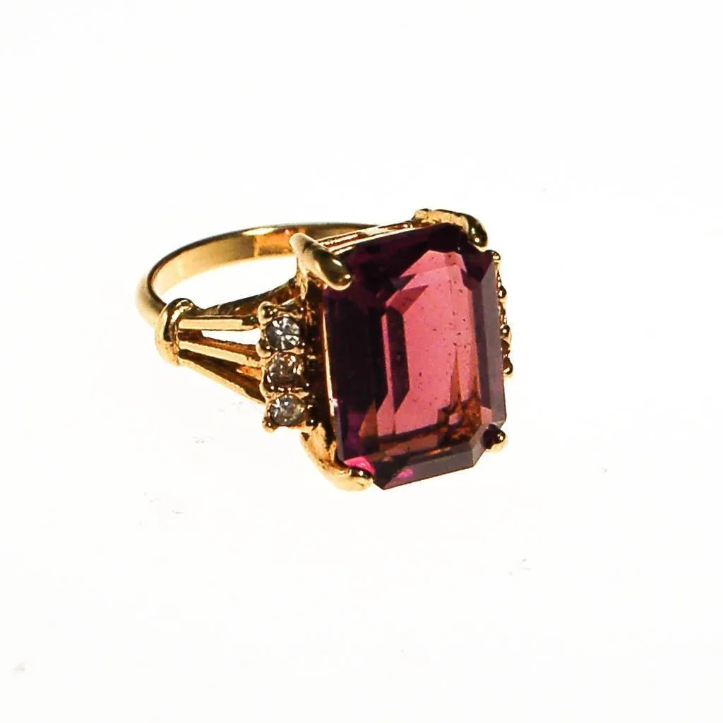 Amethyst CZ Cocktail Statement Ring, Emerald Cut, Gold Plated, CZ Accent Stones