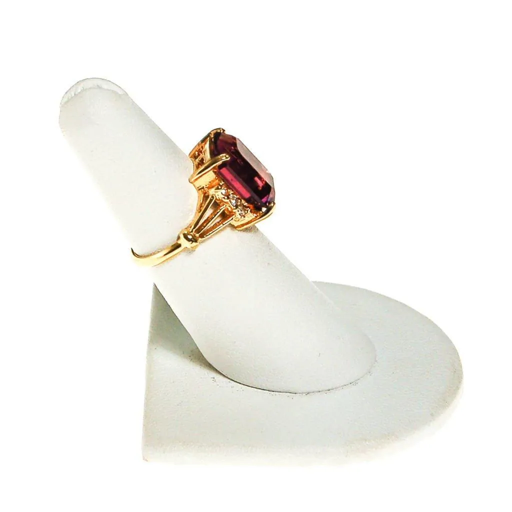 Amethyst CZ Cocktail Statement Ring, Emerald Cut, Gold Plated, CZ Accent Stones