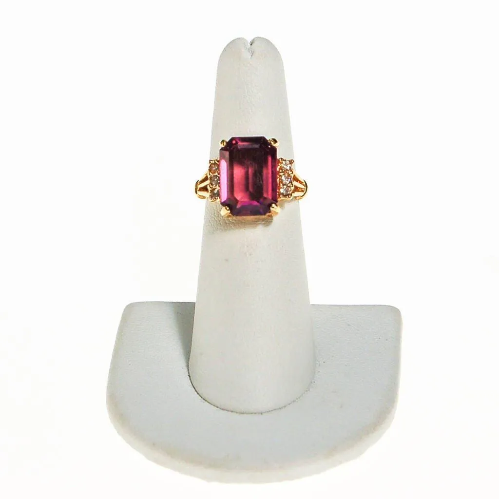 Amethyst CZ Cocktail Statement Ring, Emerald Cut, Gold Plated, CZ Accent Stones