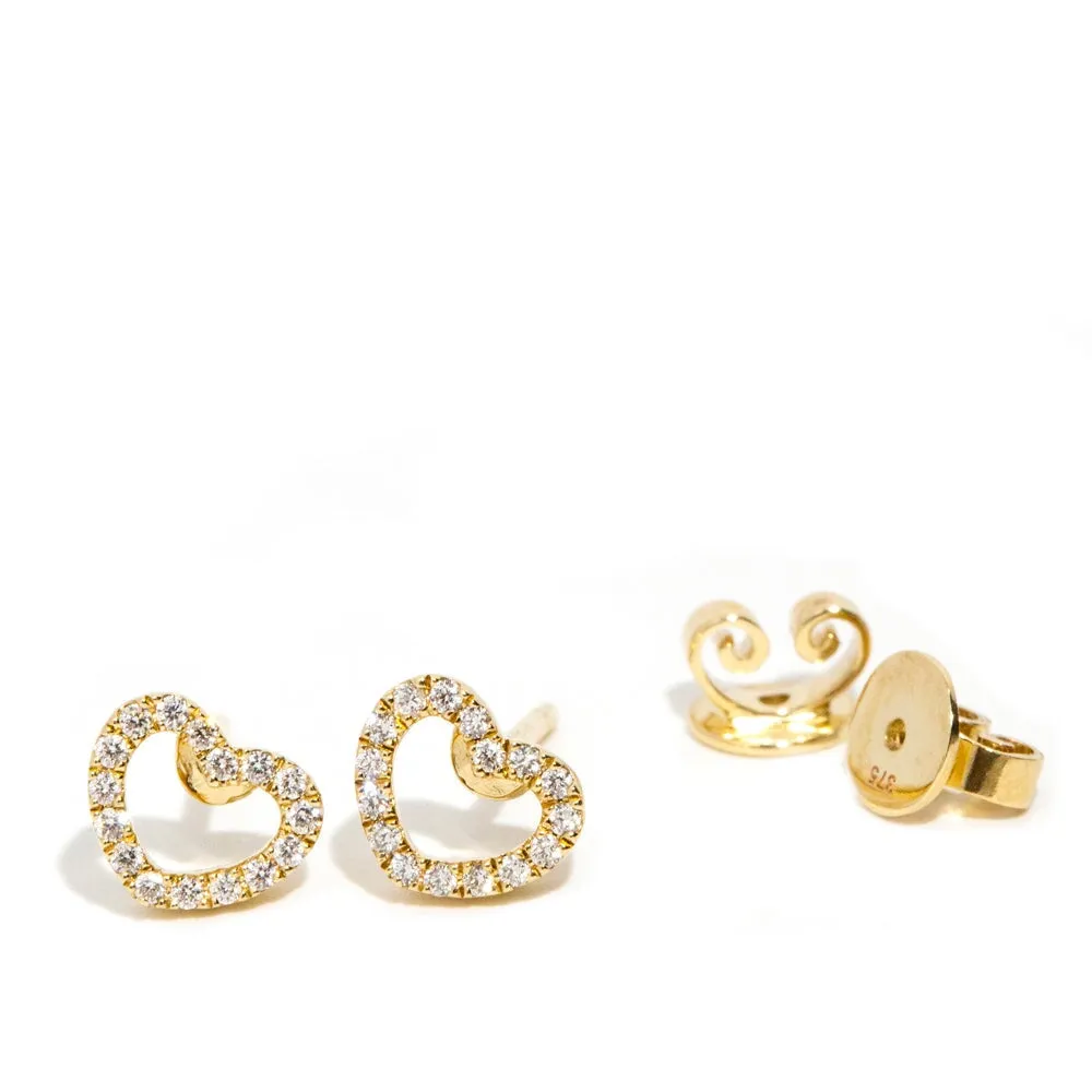 Amor Love Heart Diamond Stud Earrings 9ct Yellow Gold
