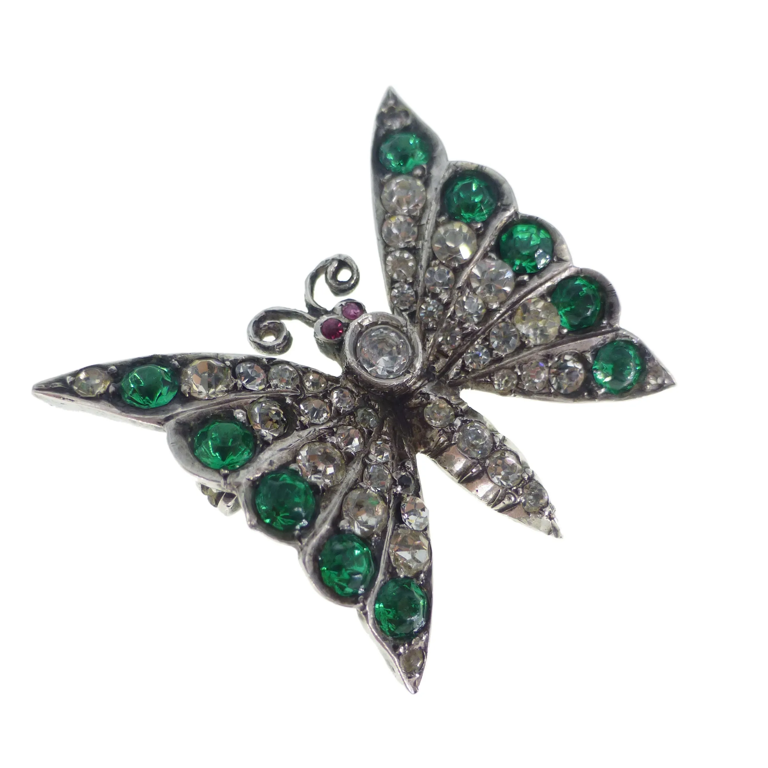 Antique Silver Paste Green Butterfly Brooch