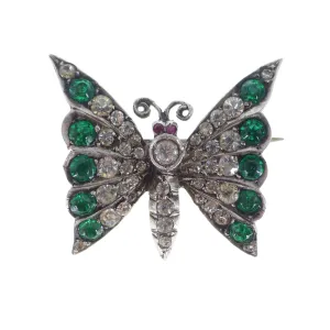 Antique Silver Paste Green Butterfly Brooch