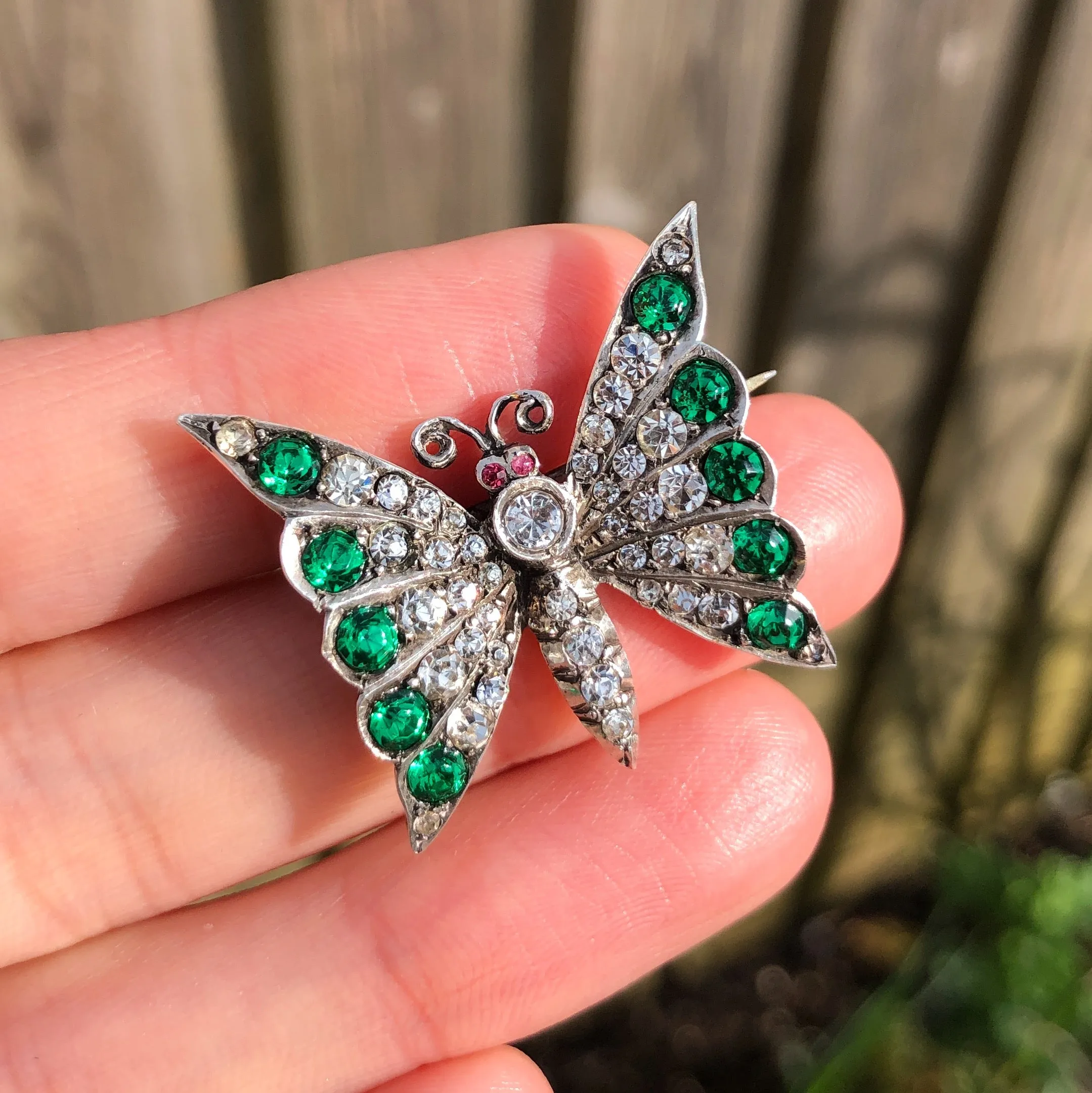 Antique Silver Paste Green Butterfly Brooch