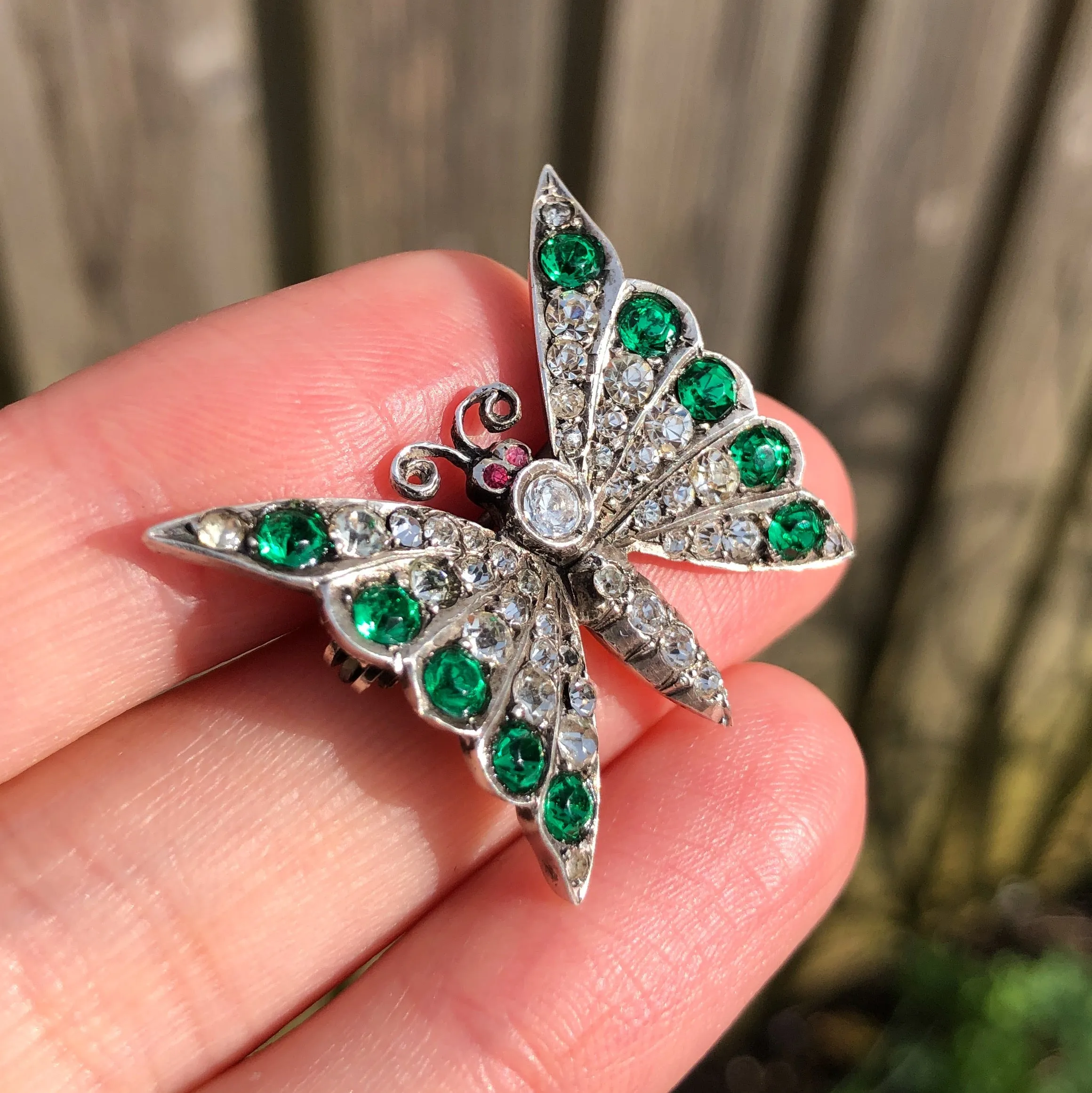 Antique Silver Paste Green Butterfly Brooch
