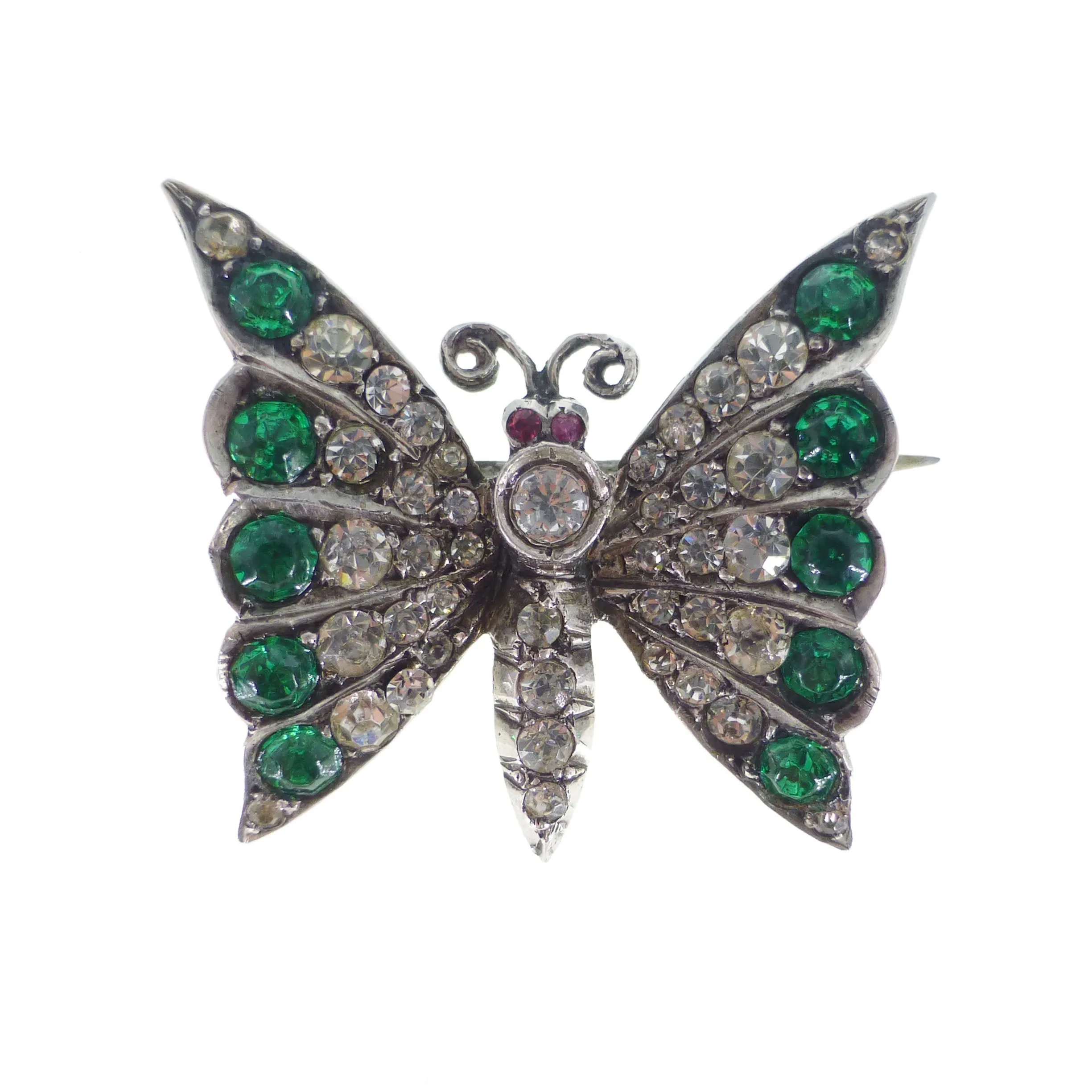 Antique Silver Paste Green Butterfly Brooch