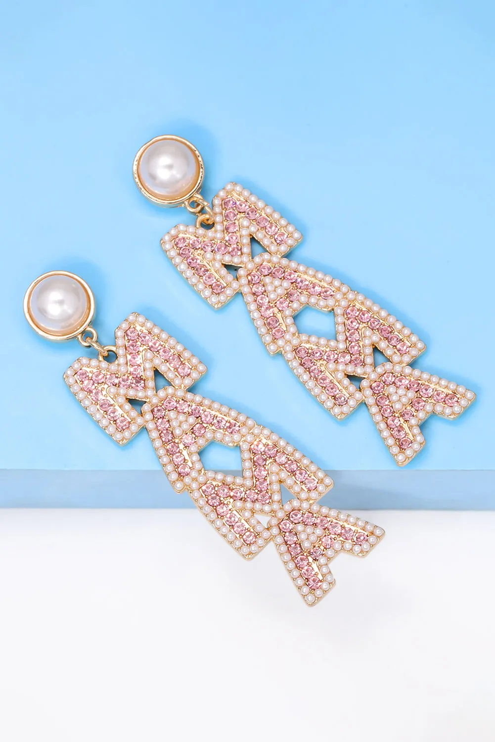 Apricot Pink MAMA Rhinestone Pearl Dangle Stud Earrings