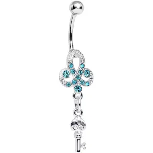 Aqua Gem Sparkling Clover Glamour Key Dangle Belly Ring