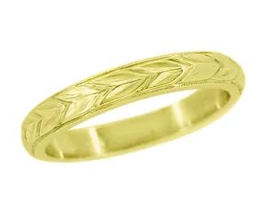 Art Deco Carved Maile Leaves Antique Style Wedding Ring in Yellow Gold