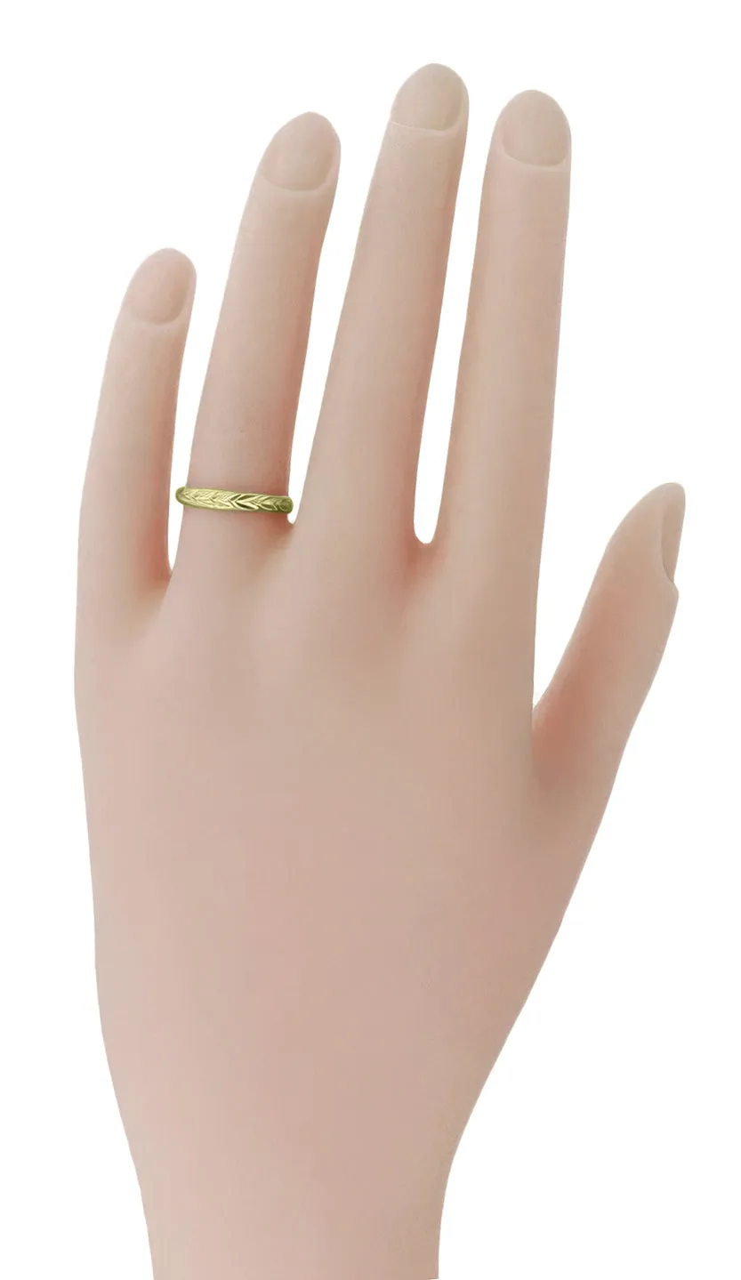 Art Deco Carved Maile Leaves Antique Style Wedding Ring in Yellow Gold
