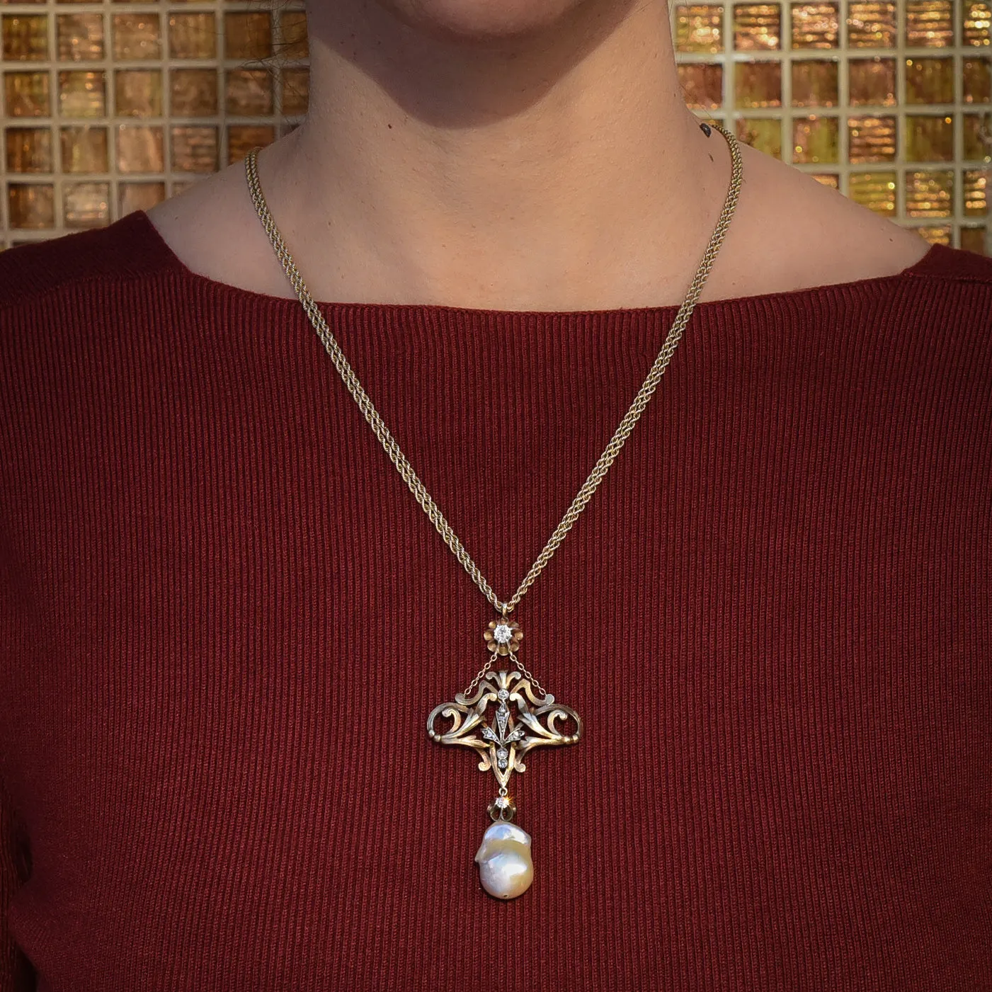 Art Nouveau Diamond & Baroque Pearl Pendant