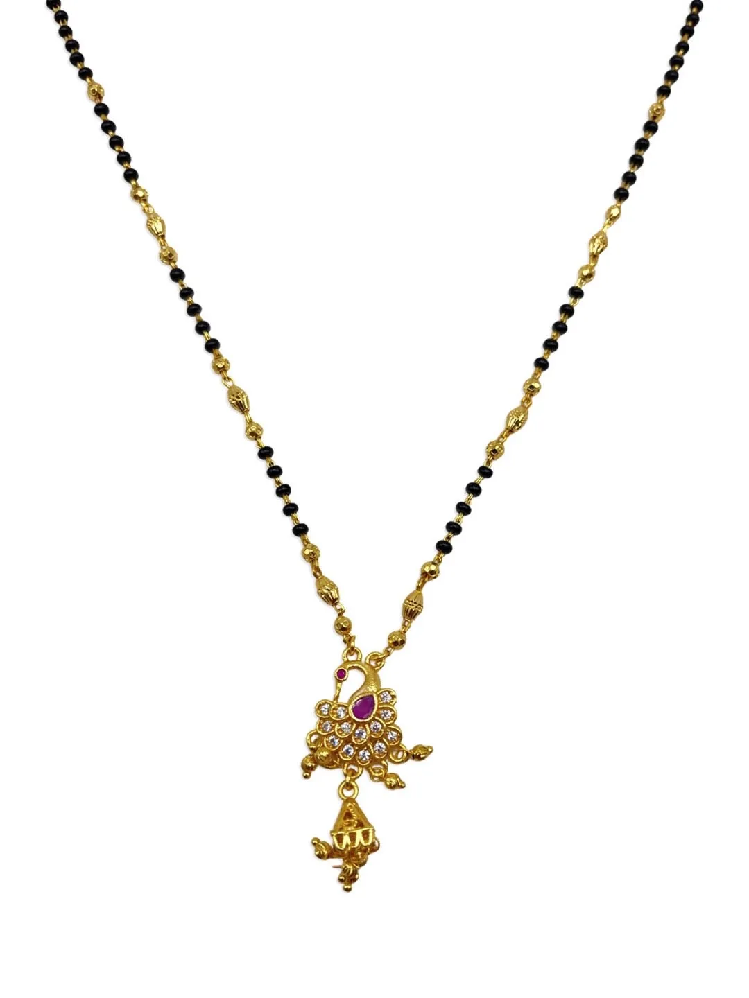 Artificial American Diamond Short Gold Mangalsutra Designs Peacock Pendant Gold & Black Beads Chain