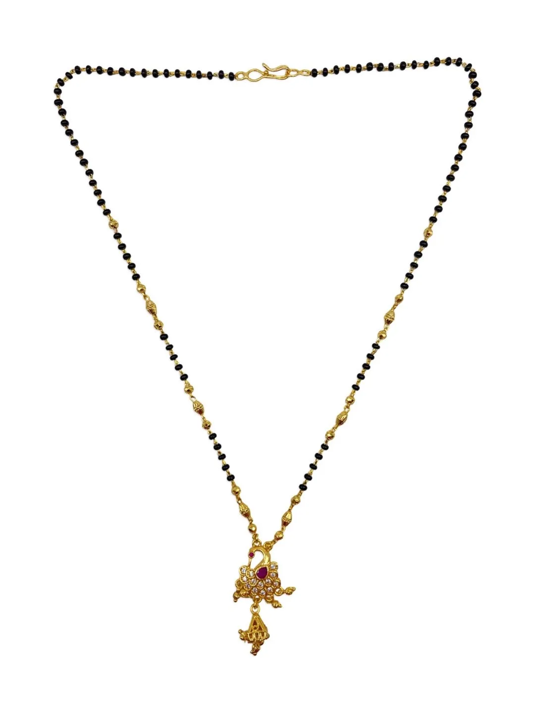 Artificial American Diamond Short Gold Mangalsutra Designs Peacock Pendant Gold & Black Beads Chain