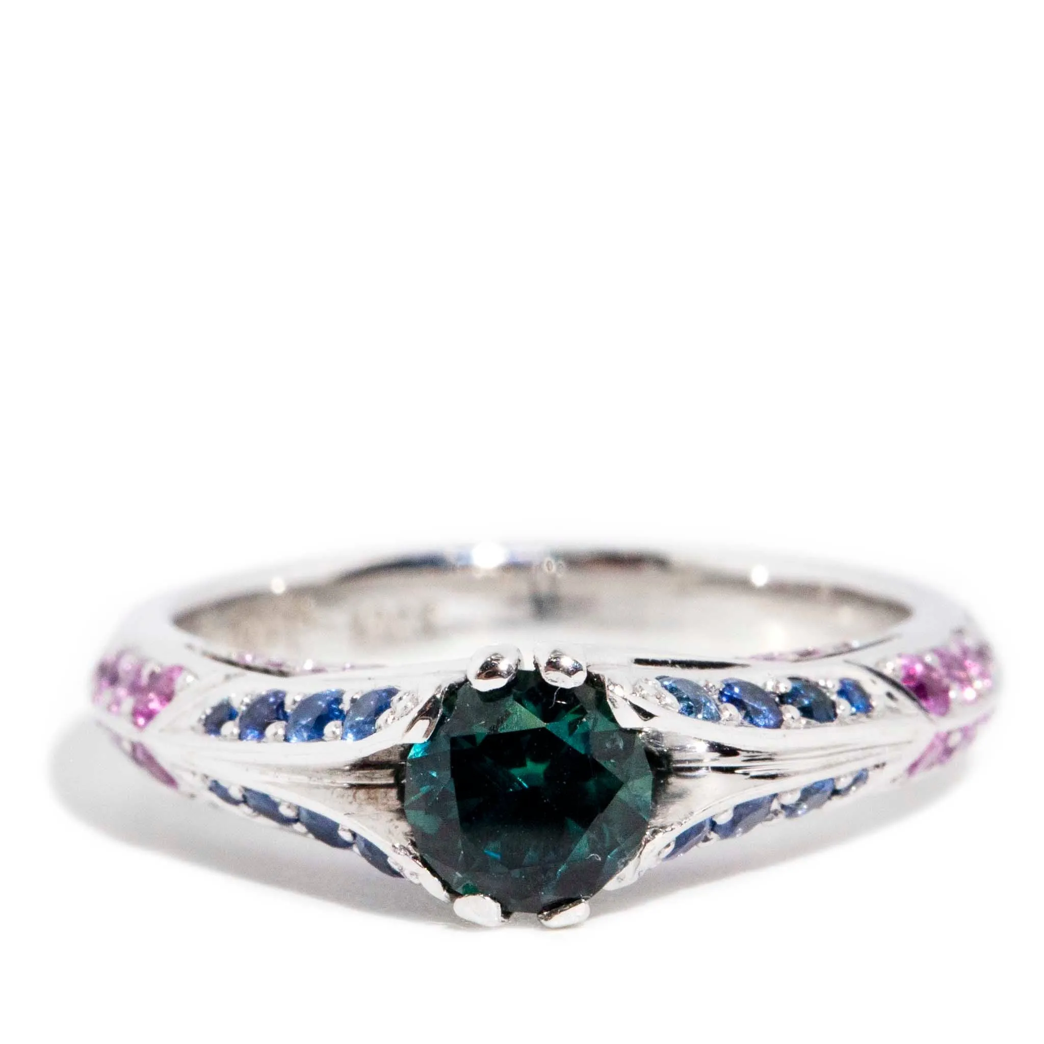 Aurelia 1990s Teal Sapphire Ring 18ct White Gold