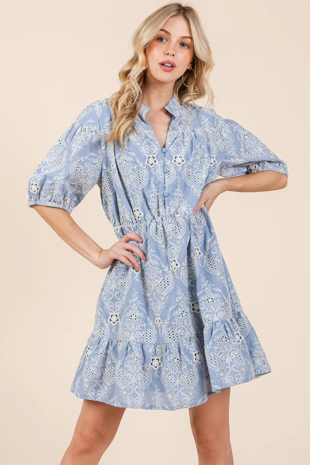 Baby Blue Damask Eyelet Dress