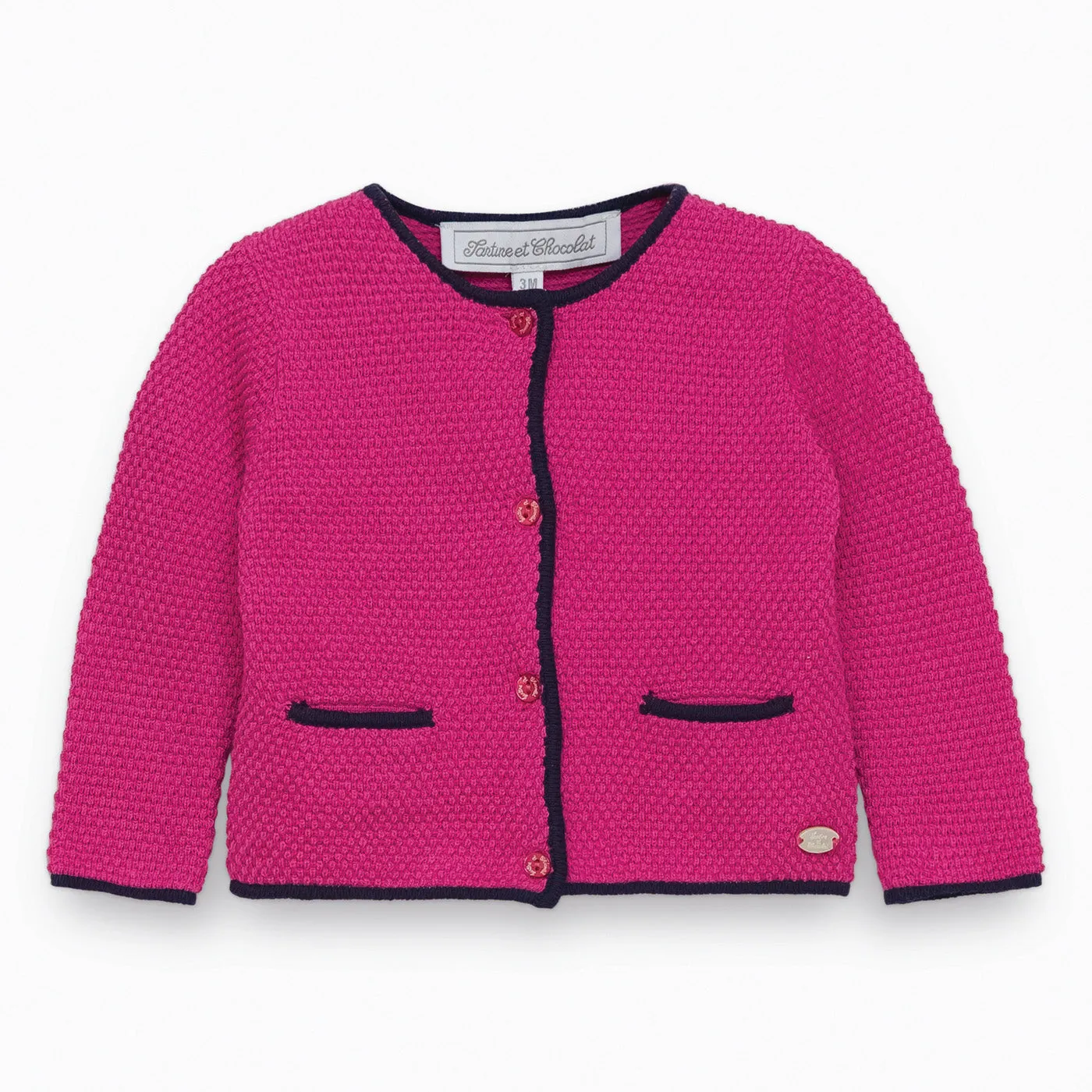 Baby Girls Fuchsia Cardigan With Navy Trim