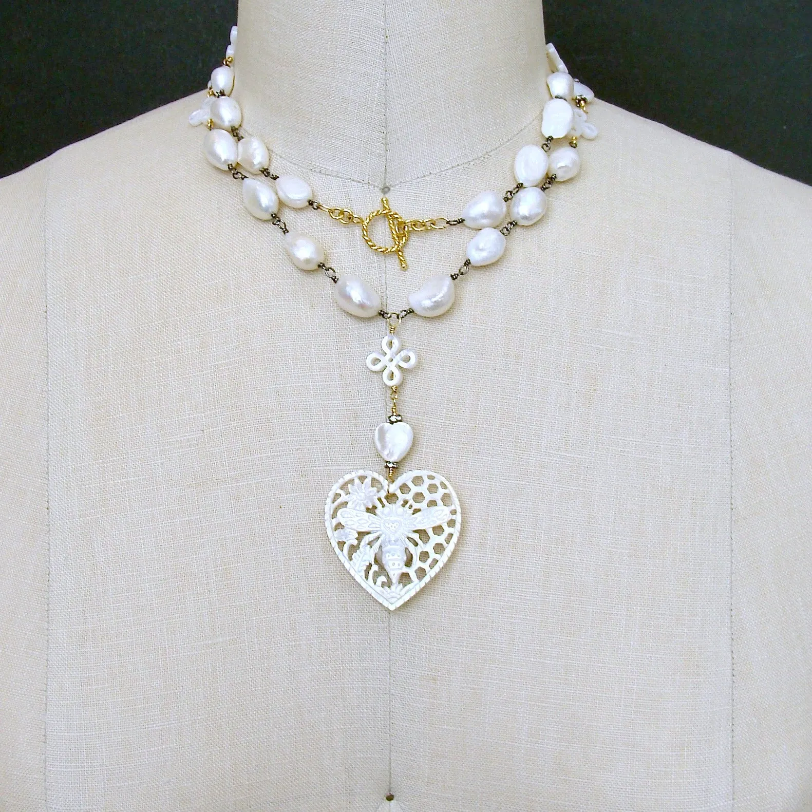 Baroque Freshwater Pearls Carved Mother of Pearl Queen Bee Heart Necklace - Quenby Necklace