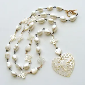 Baroque Freshwater Pearls Carved Mother of Pearl Queen Bee Heart Necklace - Quenby Necklace
