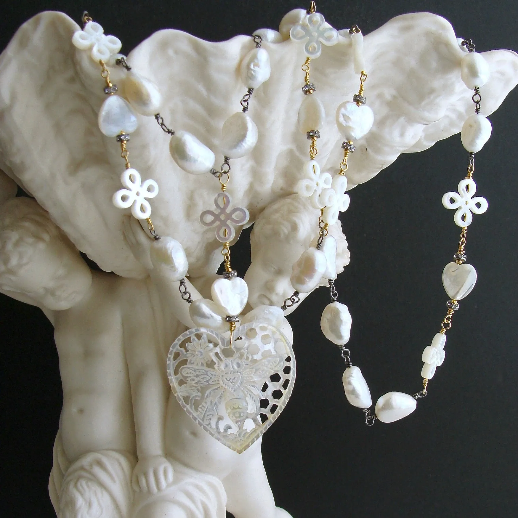 Baroque Freshwater Pearls Carved Mother of Pearl Queen Bee Heart Necklace - Quenby Necklace