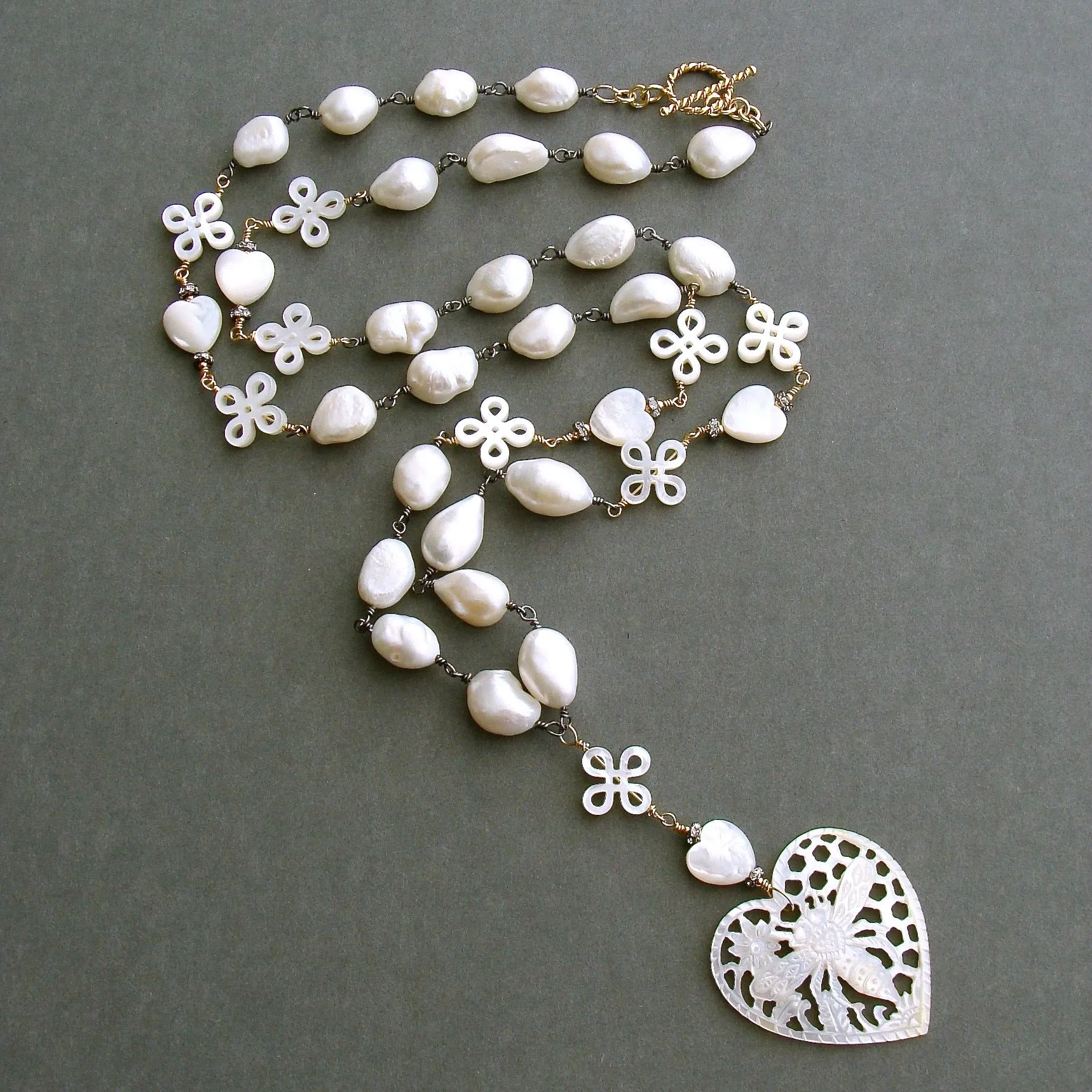 Baroque Freshwater Pearls Carved Mother of Pearl Queen Bee Heart Necklace - Quenby Necklace