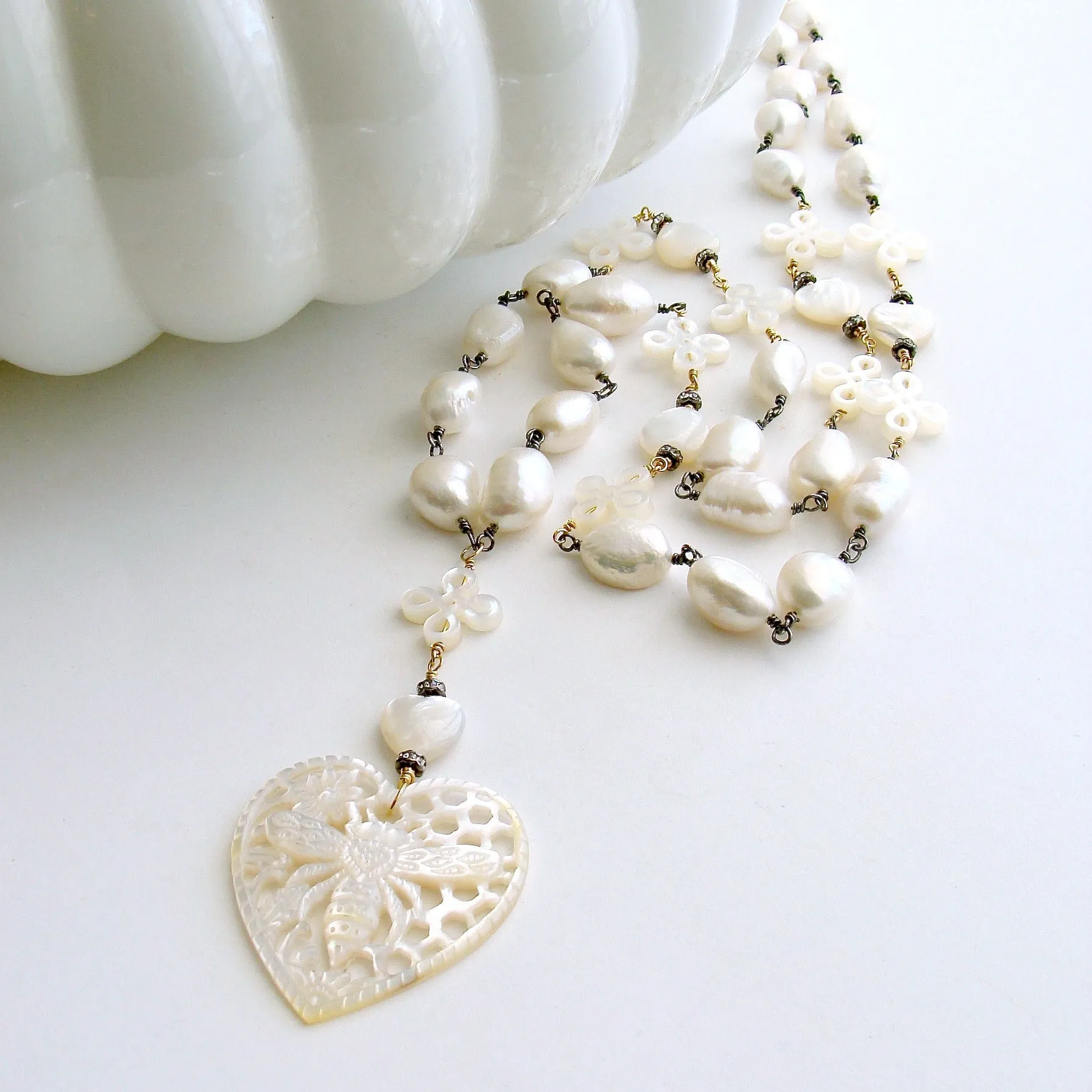 Baroque Freshwater Pearls Carved Mother of Pearl Queen Bee Heart Necklace - Quenby Necklace