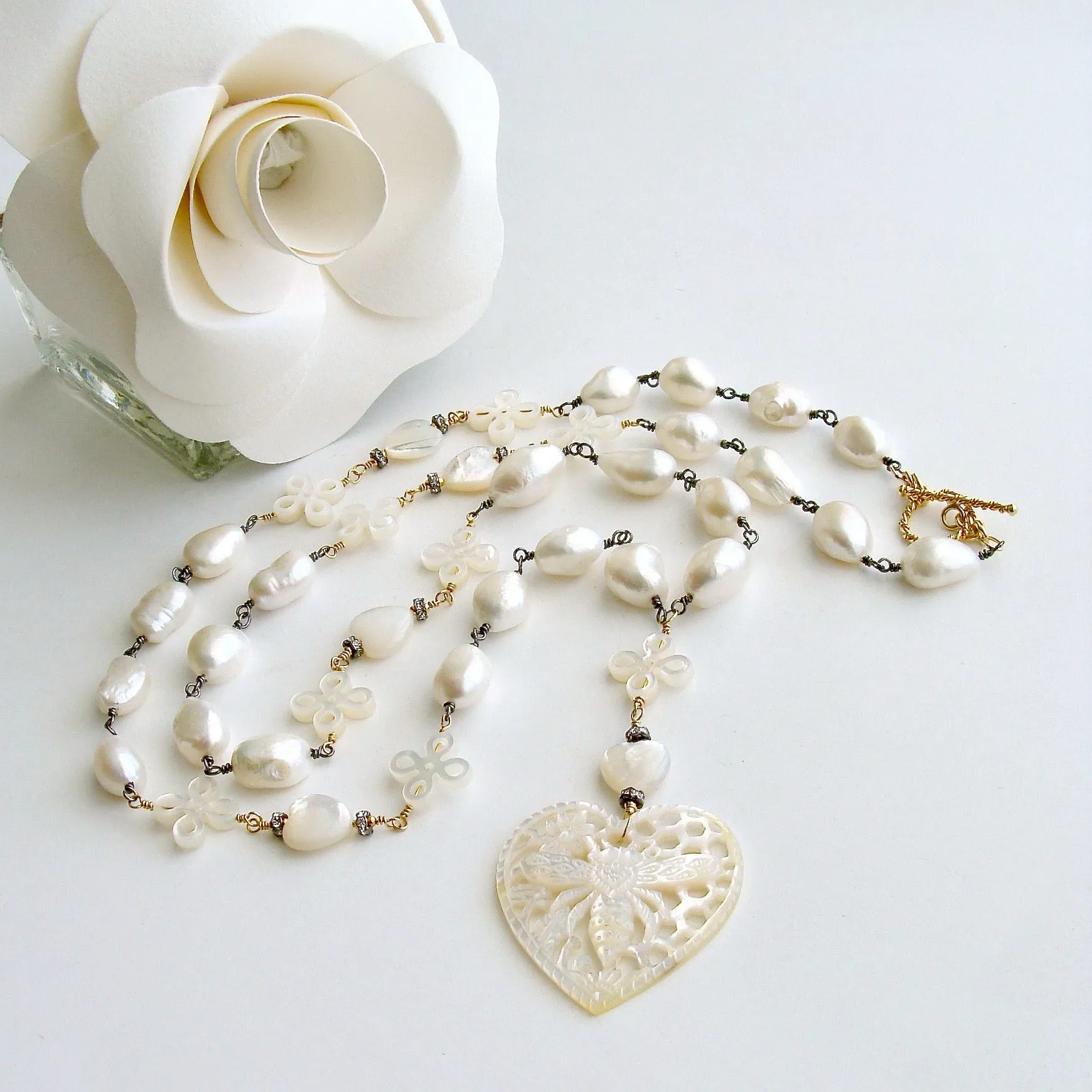 Baroque Freshwater Pearls Carved Mother of Pearl Queen Bee Heart Necklace - Quenby Necklace